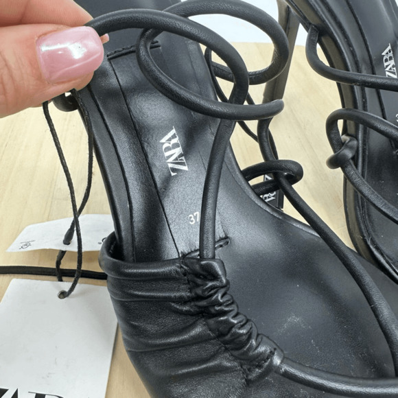 Zara Womens Leather Asymmetrical Heeled Sandals Size 7 Minimalist - Picture 8 of 14